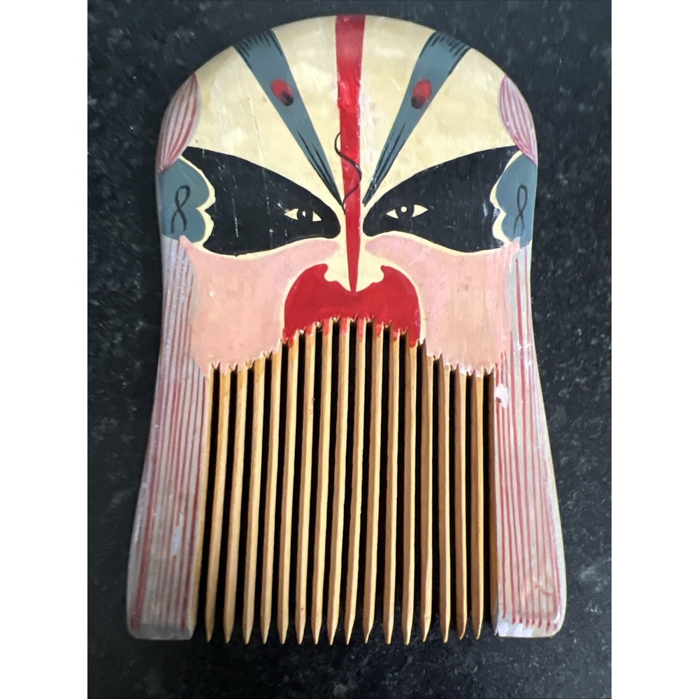 Traditional Chinese Hand Painted Wooden Comb Chinese Opera Mask 3 1/2 Inches